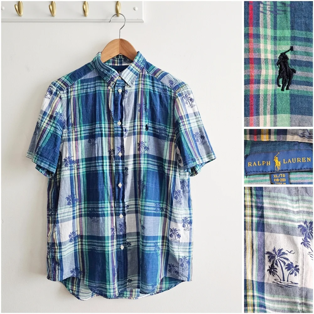 VTG Ralph Lauren Plaid Palms Short Sleeve Button Down Shirt Blue Green Youth XL